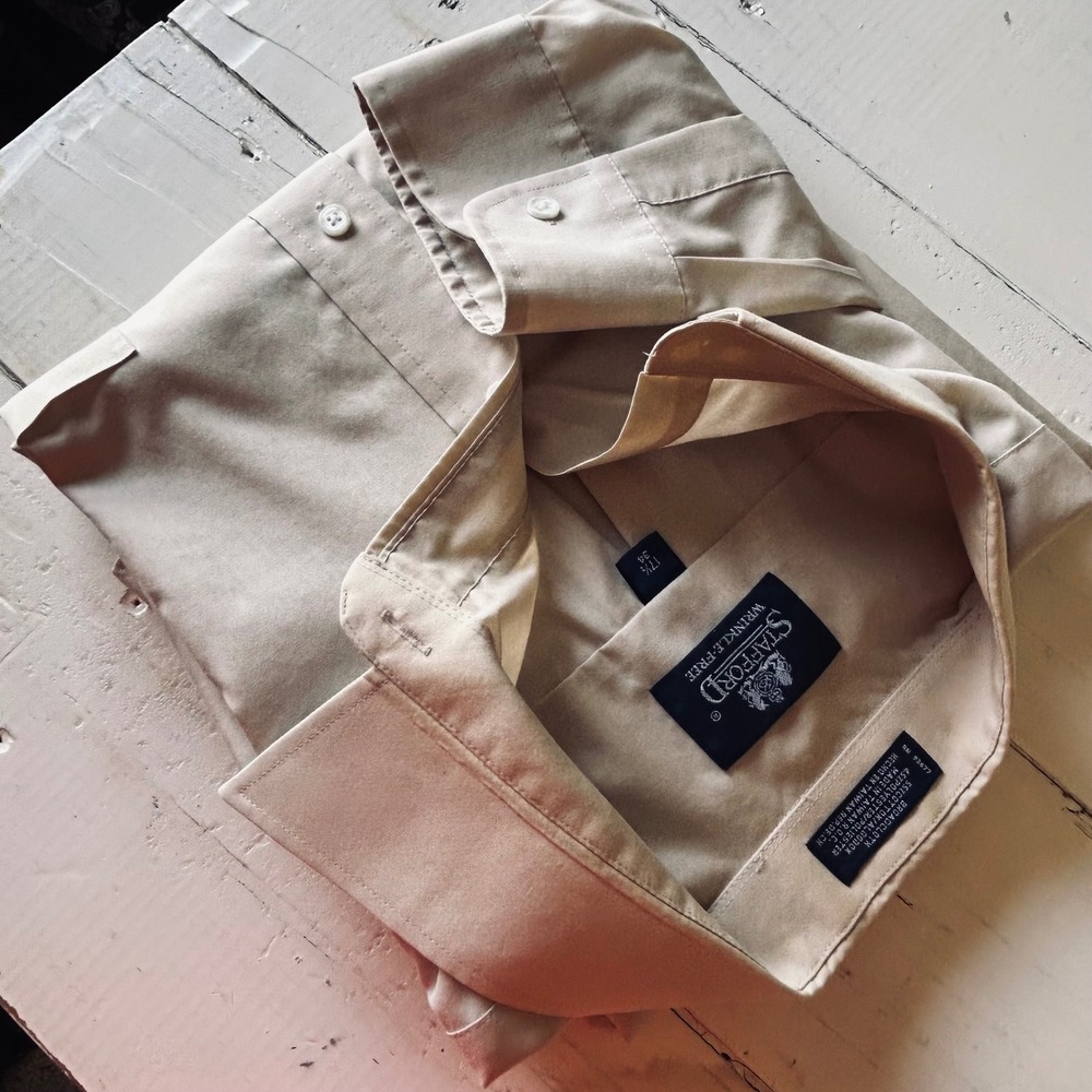 Stafford Wrinkle Free Mens Tan Long Sleeve‎ Dress Shirt 17 1/2 34